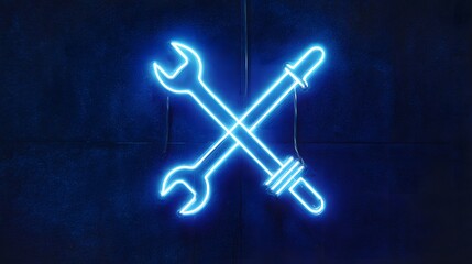 Neon Blue Wrench and Screwdriver Tools Crossed on Dark Background.