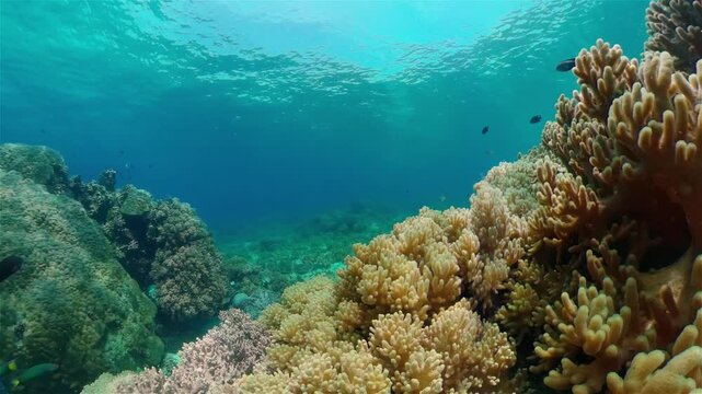 Tropical coral reef seascape with fishes, hard and soft corals. Philippines.