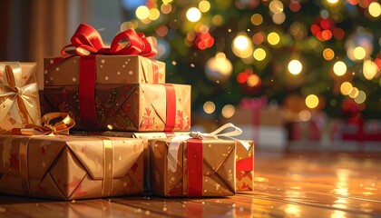 Gift-wrapped presents stacked on wooden floor with a blurred Christmas tree background