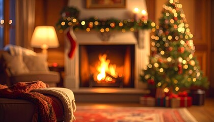 Cozy holiday living room with fireplace, Christmas tree, and soft lighting