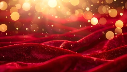 Lush red velvet waves illuminated by golden bokeh and sunlight, creating a festive mood