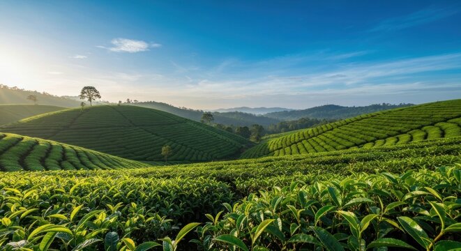 Rolling green hills of tea plants under a bright blue sky