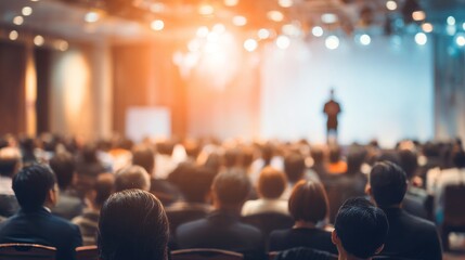 Blurred view of speaker at iot conference engaging attentive audience in hotel seminar hall