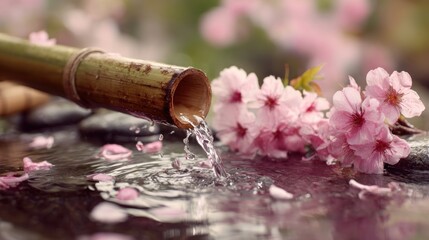 Zen water feature with bamboo spout and blooming cherry blossoms creating serenity