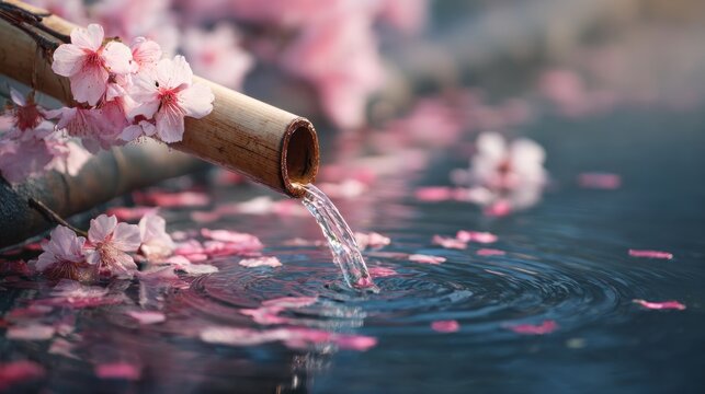 Tranquil bamboo fountain with cherry blossoms evokes serenity and zen atmosphere