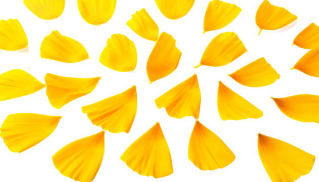 Vibrant yellow flower petals scattered across a clean white background, creating a cheerful and delicate abstract pattern