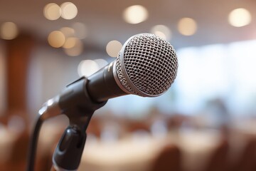 Silver Microphone with Black Cable on Stand in Blurred Meeting Room with Bokeh Lights Elegant Public Speaking Concept Close Up Shot
