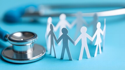 Paper people chain and stethoscope on blue background representing healthcare and community.