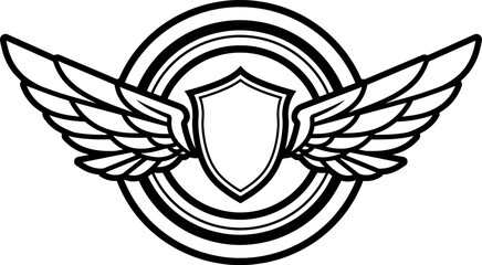 Black and White Winged Shield Emblem with Circular Design Suitable for Security or Protection Symbols