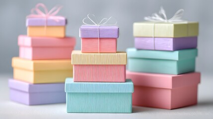 Obraz premium Pastel colored gift boxes stacked neatly, ready for celebration.