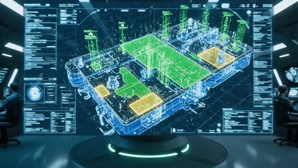 Futuristic holographic display showing complex 3D schematic with real-time data streams - Powered by Adobe