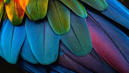 Close-up of vibrant bird feathers, overlapping in blues, greens, yellows, and purples