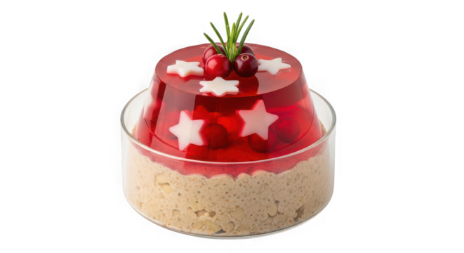 Festive red jelly dessert with crumble base and star decorations