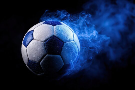 Soccer Ball Surrounded By Blue Smoke Against A Black Background