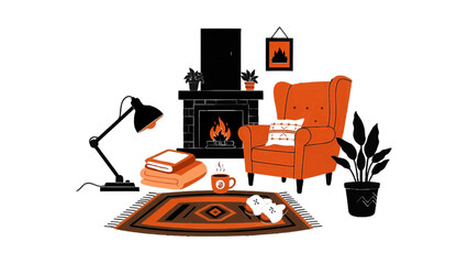 Vector illustration&nbsp;of cozy living room scene with armchair, fireplace, lamp, books, and plant isolated on transparent background