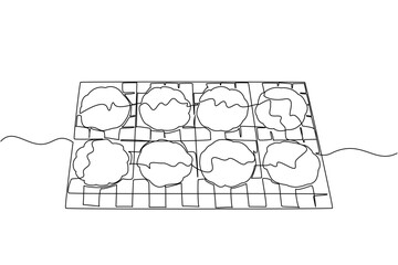 One line draw of freshly baked peanut butter cookies cooling on a rack, representing homemade delight, creativity, and baking joy in a culinary business concept for National Peanut Butter Cookie Day