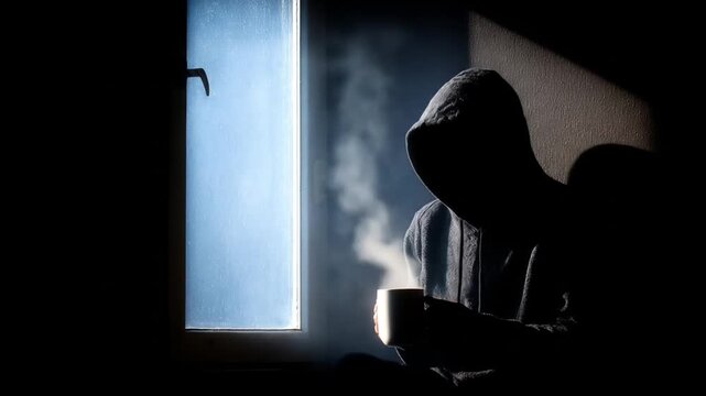 Silhouette of person in hoodie near window with steam and light