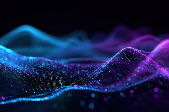 Abstract Dark Blue and Purple Wavy Particle Mesh Background with Bokeh Effect for Futuristic Technology Presentation