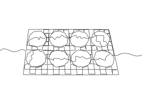 One line draw of freshly baked peanut butter cookies cooling on a rack, representing homemade delight, creativity, and baking joy in a culinary business concept for National Peanut Butter Cookie Day - Powered by Adobe