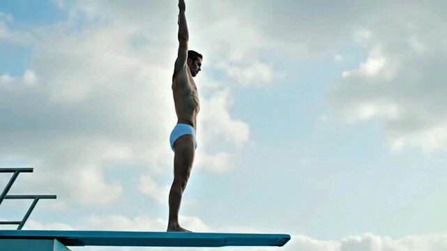 A man poised for a dive, standing on a diving board against a bright sky.