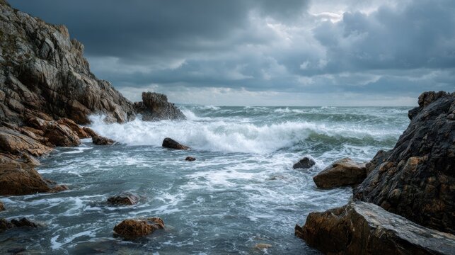 Dramatic coastal scene with crashing waves and rocky cliffs under stormy skies - Powered by Adobe