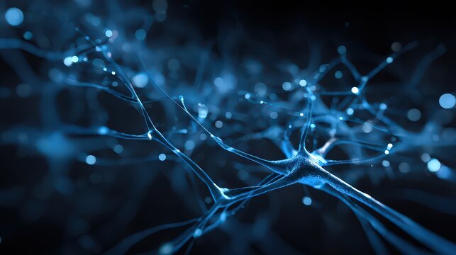 Abstract Neural Network Structure with Glowing Blue Light and Blurred Dark Background