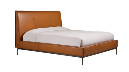 Fototapeta premium Modern bed with brown leather headboard and footboard on transparent background