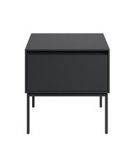 Minimalist dark nightstand with single drawer and metallic legs on transparent background