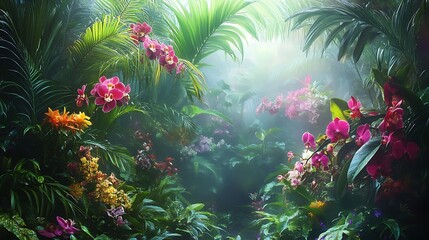 Lush tropical jungle garden thrives with vibrant pink, orange, and yellow orchids amidst dense green foliage, bathed in misty, ethereal sunlight