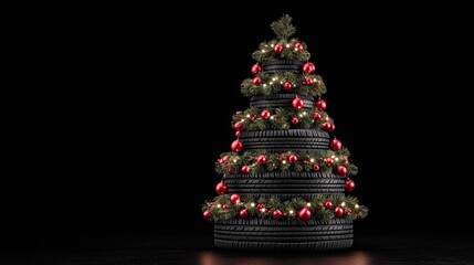 Creative Christmas tree made from tires decorated with ornaments and lights, showcasing sustainability in holiday decor