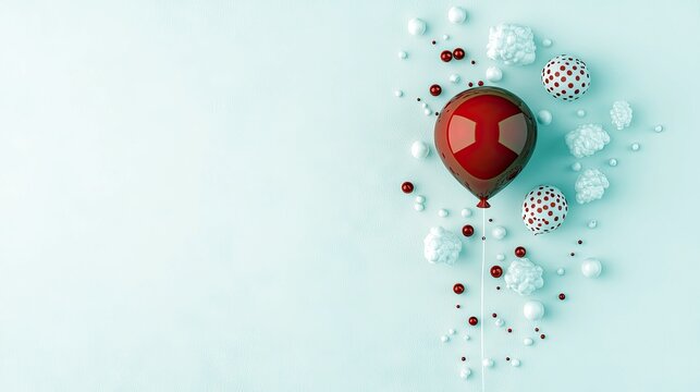 A single, glossy red balloon with reflections is suspended by a thin string, surrounded by various white textured spheres, small red beads, and white pearl-like - Powered by Adobe