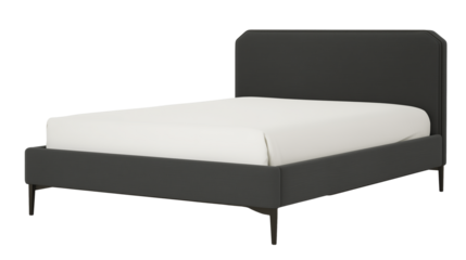 Modern minimalist bed with dark gray upholstered headboard and footboard, black wooden legs, white mattress, transparent background
