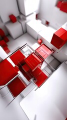 An abstract composition of intersecting red and white geometric shapes, primarily cubes and rectangular prisms, with a clean, minimalist aesthetic. The lighting