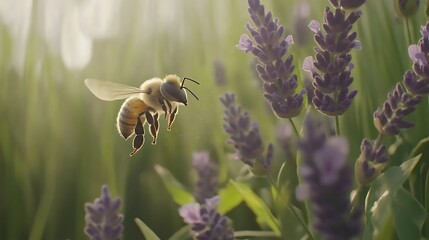 vibrant honey bee in flight approaches beautiful purple lavender flowers, bathed in warm, golden light. Ideal for nature, summer, and ecological