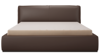Modern minimalist bed with dark brown leather headboard and beige bedding on transparent background