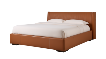 Luxurious brown leather bed with white comforter and pillows on transparent background