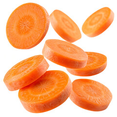 A vibrant close up of several carrot slices arranged against a plain white isolated background image view