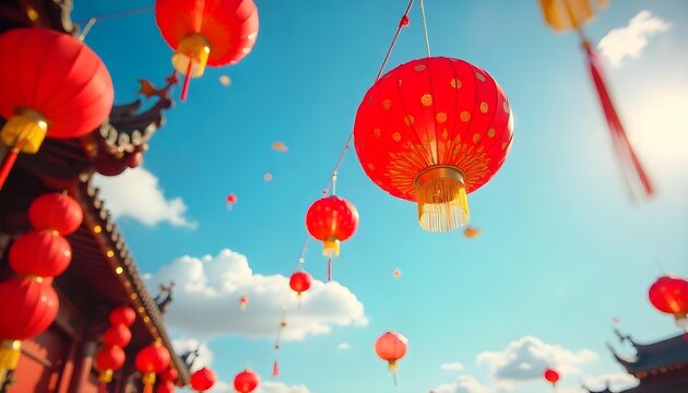 A sky filled with vibrant red lanterns, symbolizing good fortune during the Chinese New Year celebrations - Powered by Adobe