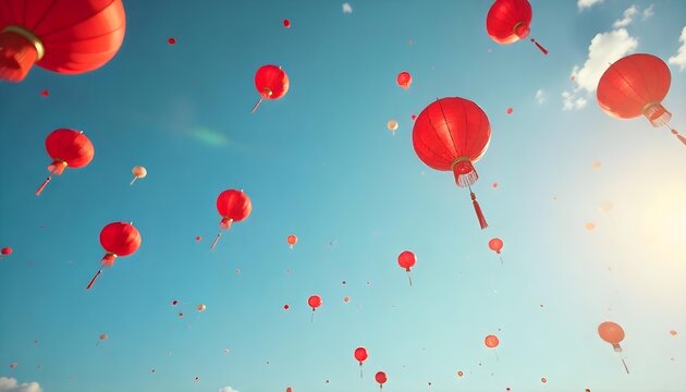 A festive display of red lanterns soaring in the sky, representing auspiciousness for the Spring Festival