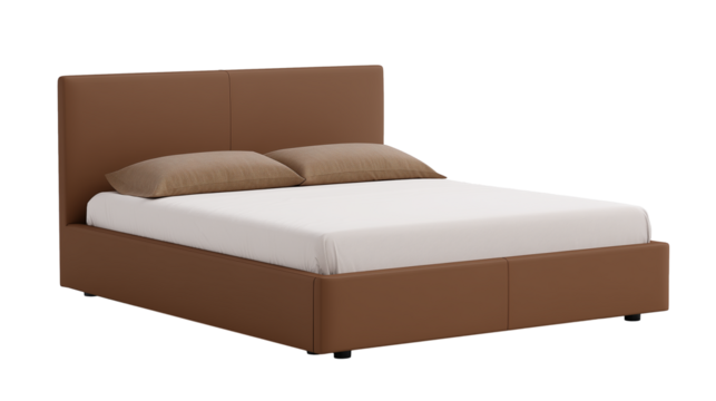 Modern sleek platform bed with brown leather headboard and white sheet on transparent background