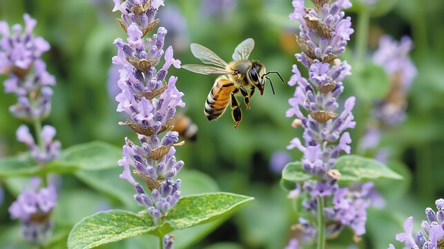 detailed macro shot of a honey bee in flight with visible pollen, approaching vibrant purple lavender flowers. Perfect for nature, ecology, and gardening