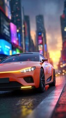 Fototapeta premium Experience the thrill of urban driving with this powerful orange sports car cruising through vibrant city streets at sunset, showcasing modern automotive design