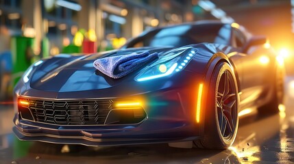 Sleek sports car gets pampered with a microfiber cloth, gleaming under bright workshop lights after a fresh detailing session for peak performance