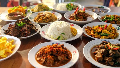 A vibrant assortment of various dishes, featuring rice and diverse flavorful cuisines, ready to be enjoyed.