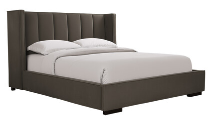 Modern minimalist bedroom with sleek dark bed and white bedding on transparent background