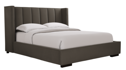 Modern minimalist bedroom with sleek dark bed and white bedding on transparent background