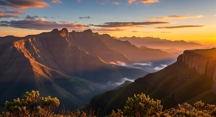 Scenic drakensberg mountains at sunset with soft light and rolling hills