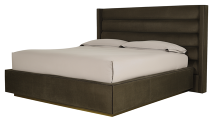 Modern minimalist bedroom with dark upholstered bed on transparent background