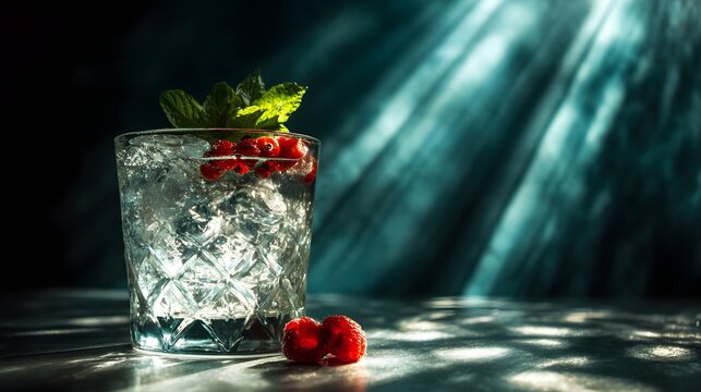 Refreshing cocktail with ice, cherries, and mint in a glass with dramatic lighting.