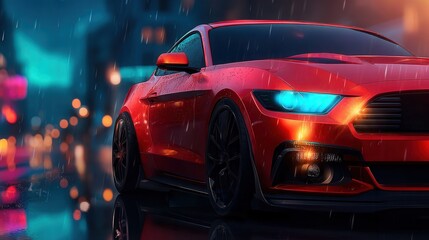 Experience the Thrill of the Ride with a Sleek Red Sports Car in the Rain, Perfect for Automotive Enthusiasts and Dynamic Lifestyle Campaigns!